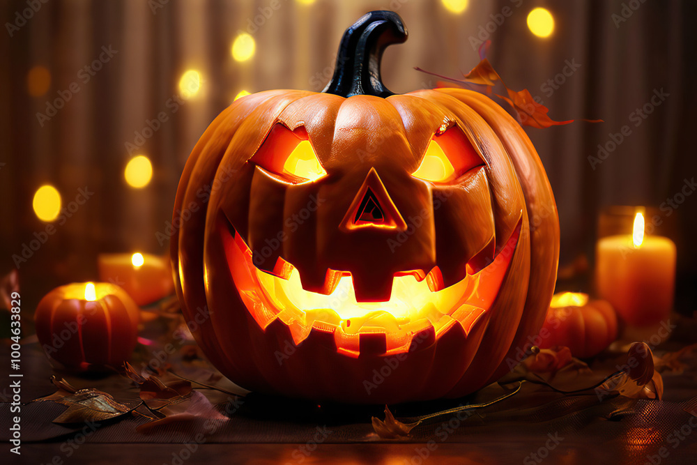 Fototapeta premium Festive glowing pumpkin with a carved mouth and eyes.