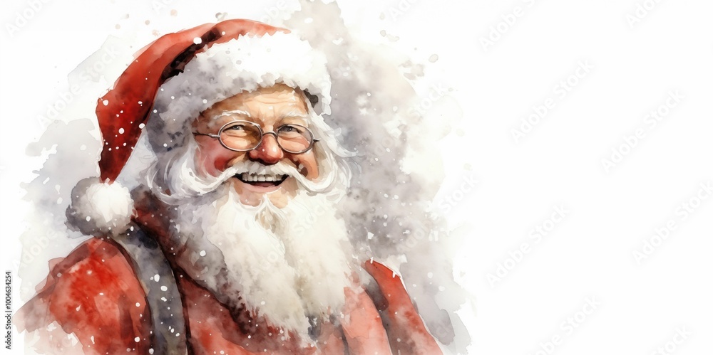 Smiling Santa Claus in red hat and glasses with white beard. Watercolor illustration with snowy background and copy space. Christmas holiday concept for greeting card, banner, or poster design. Smiling Santa Claus in red hat and glasses with white beard. Watercolor illustration with snowy background and copy space. Christmas holiday concept for greeting card, banner, or poster design.