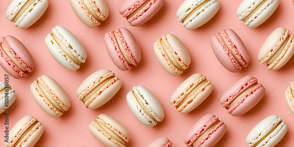 A pattern of gourmet macarons laid out in an orderly grid on a peach background .a top-down view of macarons in a symmetrical pattern, generative ai A pattern of gourmet macarons laid out in an orderly grid on a peach background .a top-down view of macarons in a symmetrical pattern, generative ai