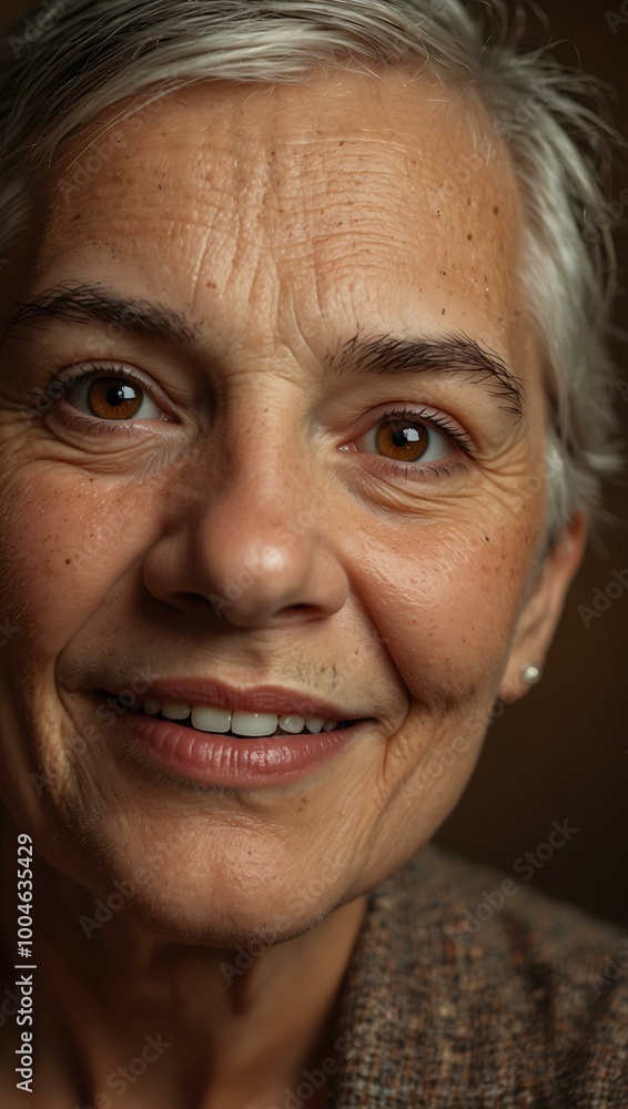 Close-up portrait of a smiling senior non-binary person with brown eyes on a brown background. Close-up portrait of a smiling senior non-binary person with brown eyes on a brown background.