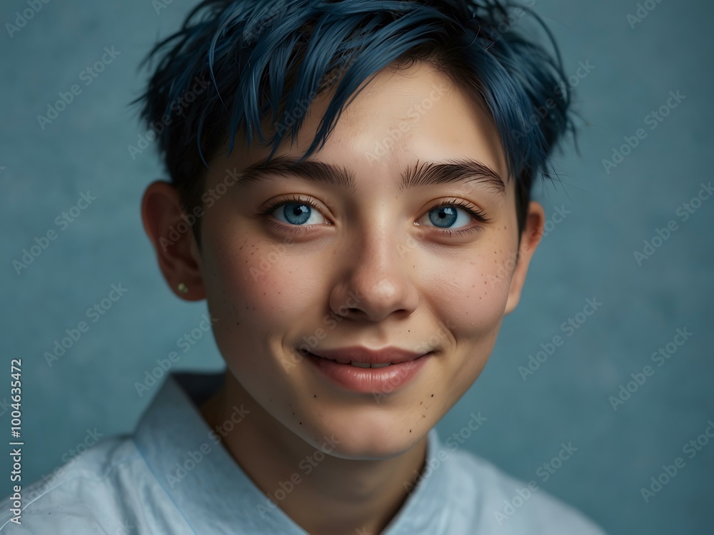 Close-up portrait of a smiling young Japanese non-binary person with blue eyes on a blue background. Close-up portrait of a smiling young Japanese non-binary person with blue eyes on a blue background.