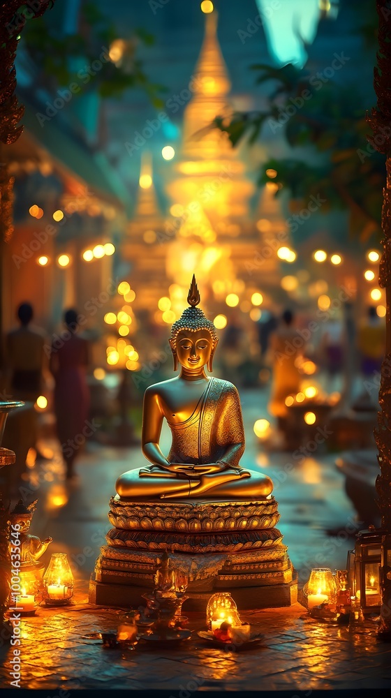 Serene Buddha Statue Amidst Glowing Lights Serene Buddha Statue Amidst Glowing Lights