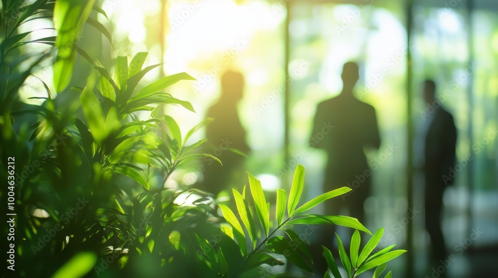 Abstract green leaves in a bright, blurred office environment, symbolizing sustainability and eco-friendly business practices Abstract green leaves in a bright, blurred office environment, symbolizing sustainability and eco-friendly business practices