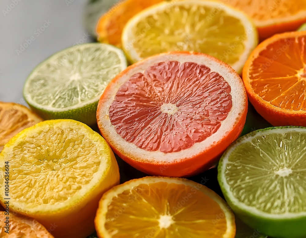 Sliced Citrus Fruit Macro. Macro shot of various sliced citrus fruits, including oranges, lemons, and limes Sliced Citrus Fruit Macro. Macro shot of various sliced citrus fruits, including oranges, lemons, and limes
