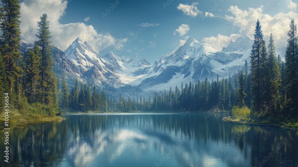 Serene mountain lake surrounded by pine trees with snow-capped peaks in the background. Serene mountain lake surrounded by pine trees with snow-capped peaks in the background.