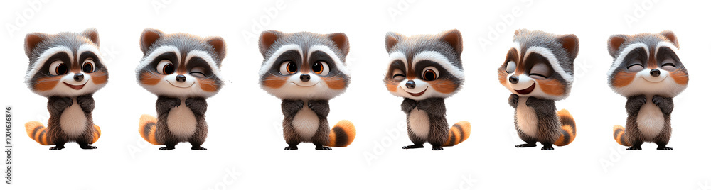 Fototapeta premium Charming Cartoon Plush Raccoon in Various Emotions, Full-Body Illustration on Transparent Background