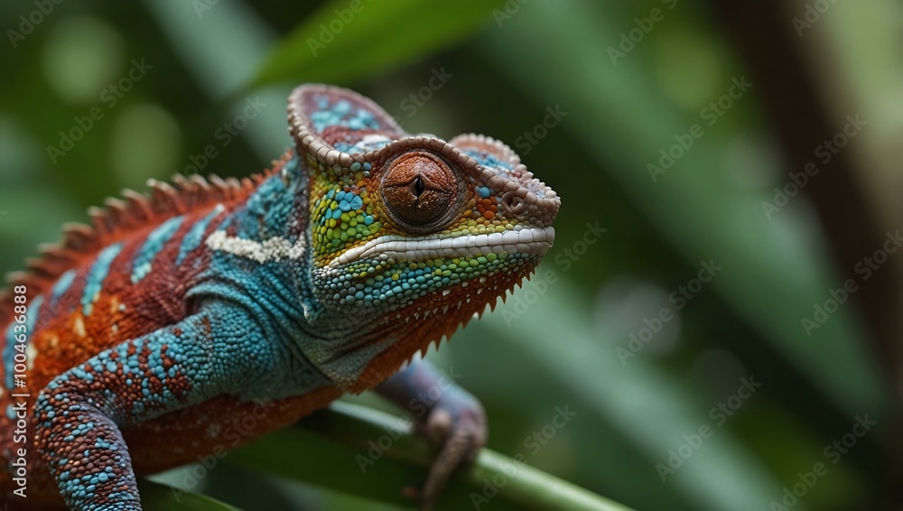 Colorful chameleon perched on tropical leaves. Colorful chameleon perched on tropical leaves.
