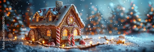 A beautifully decorated Christmas gingerbread house with icing, candy canes, gumdrops, and chocolate roof tiles, showcasing a festive and creative holiday masterpiece, banner