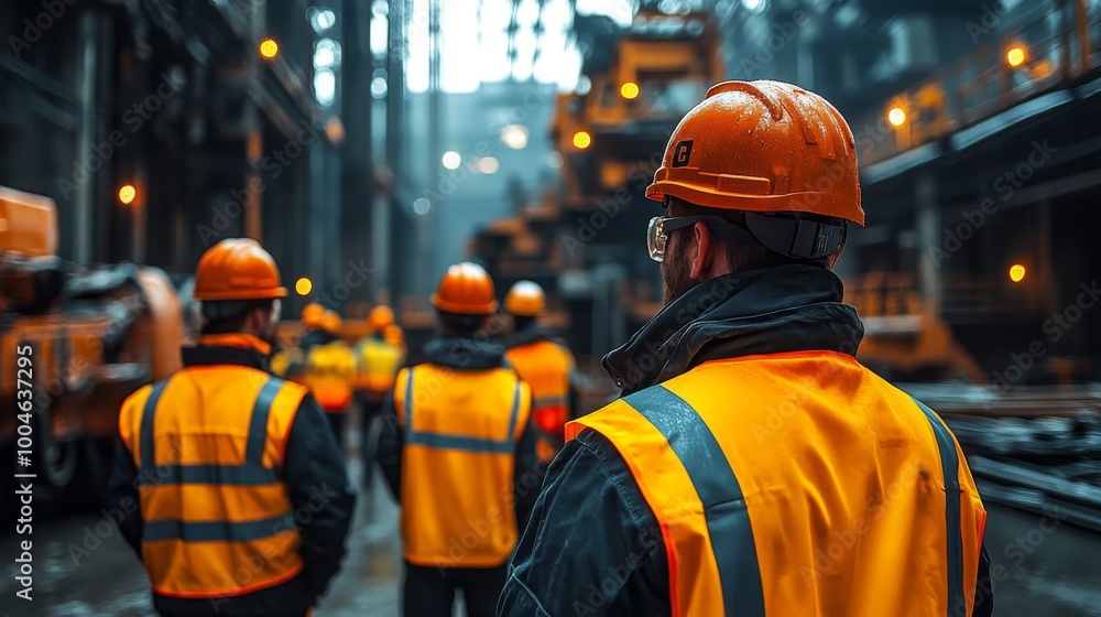 Construction workers in a modern industrial site, wearing safety helmets and vests, focused on teamwork and safety Construction workers in a modern industrial site, wearing safety helmets and vests, focused on teamwork and safety
