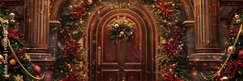 Wallpaper Mural A charming circular garland with red berries, pine cones, and golden ribbons, illuminated by twinkling fairy lights, brings holiday cheer to a rustic wooden door, banner Torontodigital.ca