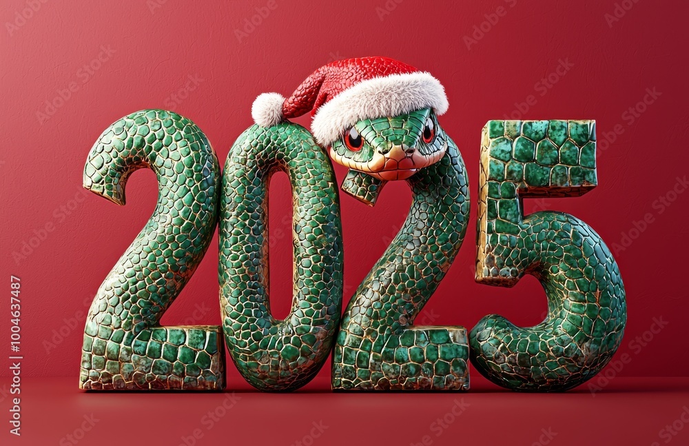 A festive green serpent playfully emerges from the numbers representing the new year 2025 against a bright red backdrop A festive green serpent playfully emerges from the numbers representing the new year 2025 against a bright red backdrop