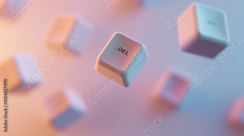Flying delete keycaps in pastel shades with soft lighting for modern technology and minimalist design concepts