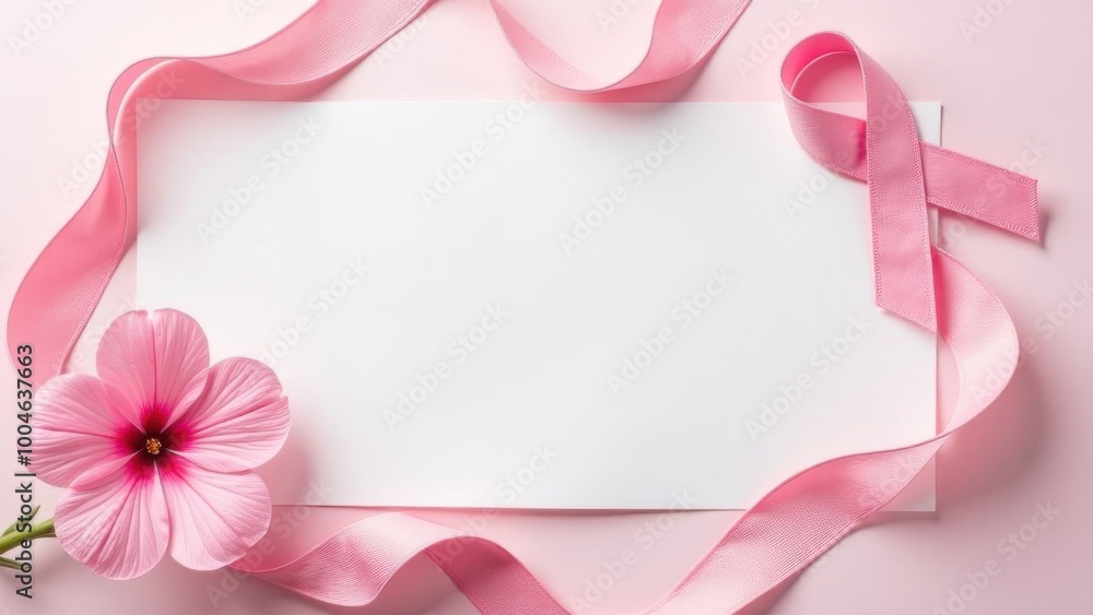 Pink ribbon and flower arranged on a soft pink background with a blank card for messages and support Pink ribbon and flower arranged on a soft pink background with a blank card for messages and support