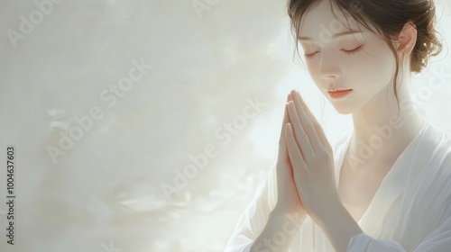 Gentle portrait of a young woman praying with soft light and a dreamy atmosphere for spiritual and emotional healing