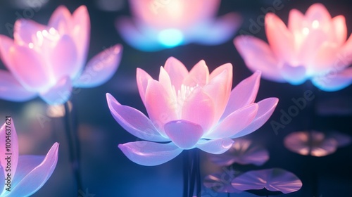 A futuristic art installation featuring glowing Chinese water lilies with translucent petals, illuminated in neon blue