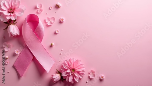 Decorative pink ribbon and flowers arranged on a soft pink background dedicated to breast cancer awareness campaign