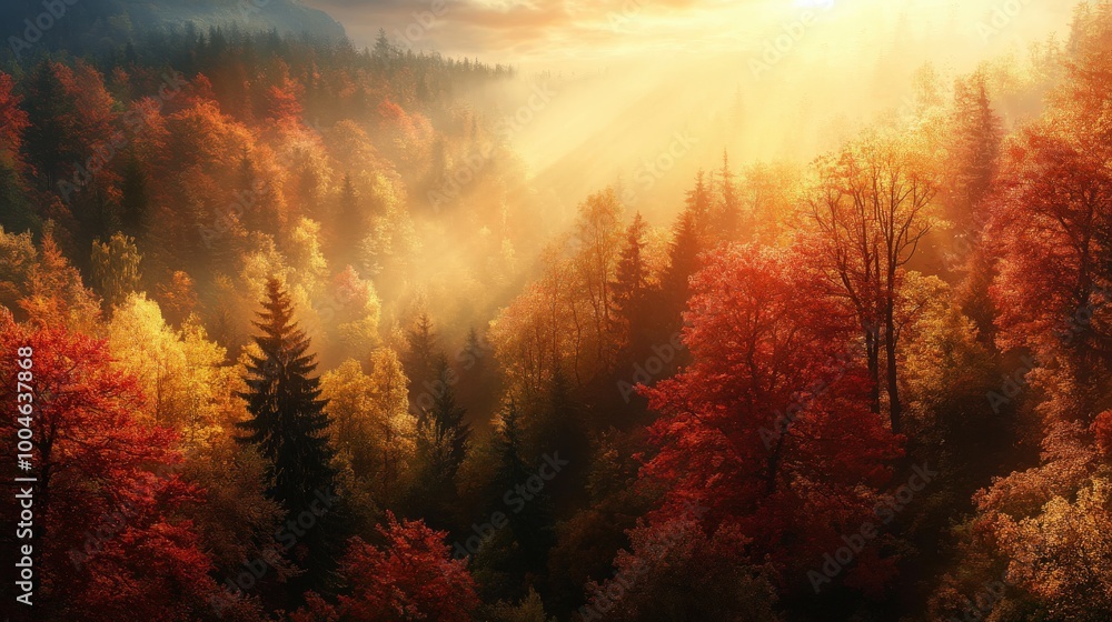 A breathtaking autumn forest illuminated by golden sunlight filtering through the trees. A breathtaking autumn forest illuminated by golden sunlight filtering through the trees.
