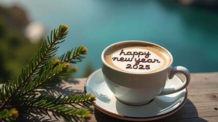 A cup of coffee with Happy New Year 2025 written on top against a serene backdrop of nature