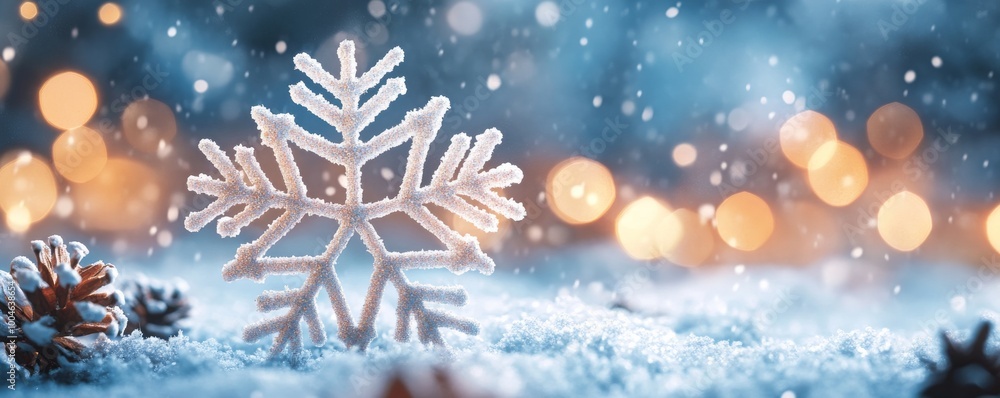 Snowflake on snow with blurred lights, winter Snowflake on snow with blurred lights, winter