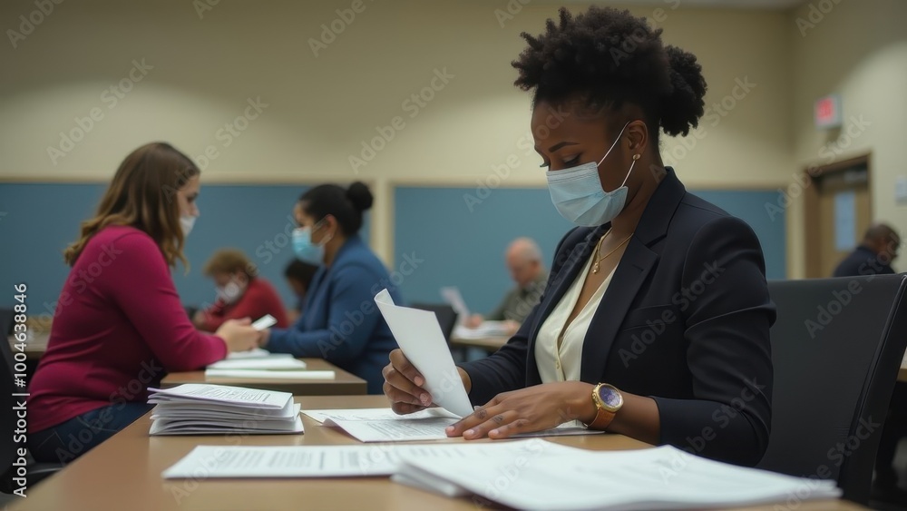 Individuals engaged in document processing and reviewing in a meeting room during a daytime event focused on organization Individuals engaged in document processing and reviewing in a meeting room during a daytime event focused on organization