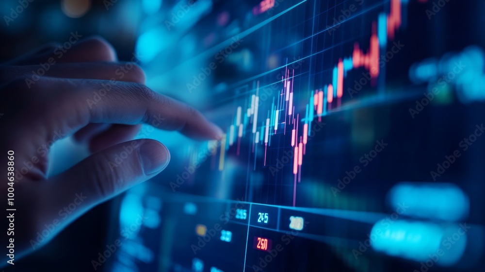 A hand interacts with a digital stock market graph displaying fluctuating data. A hand interacts with a digital stock market graph displaying fluctuating data.