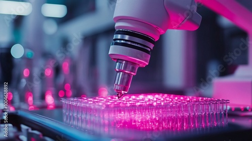 robotic arm working on a microplate in the laboratory, representing precision in crispr gene editing technology, marking a breakthrough in biotechnology and molecular research photo