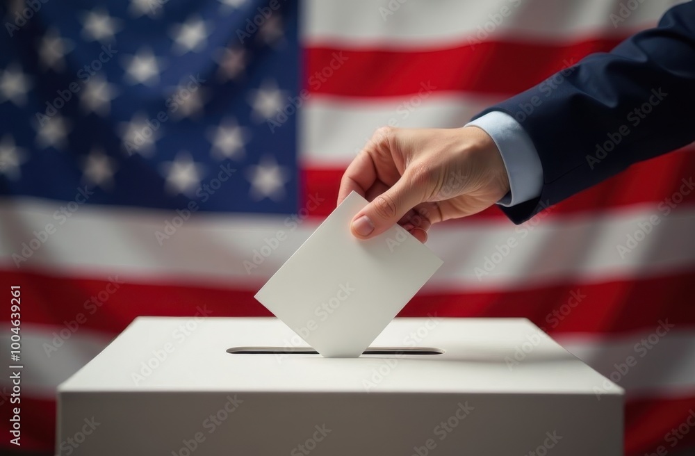 A person casting their vote at a polling station with an American flag in the background during election season A person casting their vote at a polling station with an American flag in the background during election season