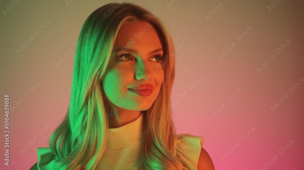 A Striking and Captivating Portrait Showcasing a Model Beautifully Illuminated by Vibrant Green and Pink Lights A Striking and Captivating Portrait Showcasing a Model Beautifully Illuminated by Vibrant Green and Pink Lights