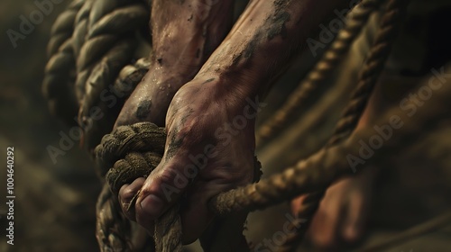 A close-up of hands gripping a coarse rope, illustrating strength and texture in a rugged, earthy environment.