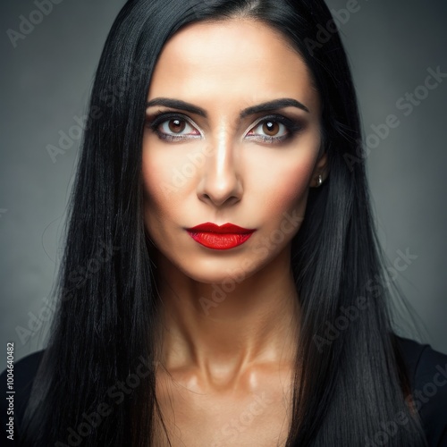 A portrait of a European woman with long black hair and bold red lips. Generative AI