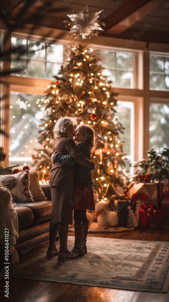 In a cozy living room, a loving grandmother and granddaughter embrace by a stunning Christmas tree, capturing the heartwarming spirit of the season In a cozy living room, a loving grandmother and granddaughter embrace by a stunning Christmas tree, capturing the heartwarming spirit of the season