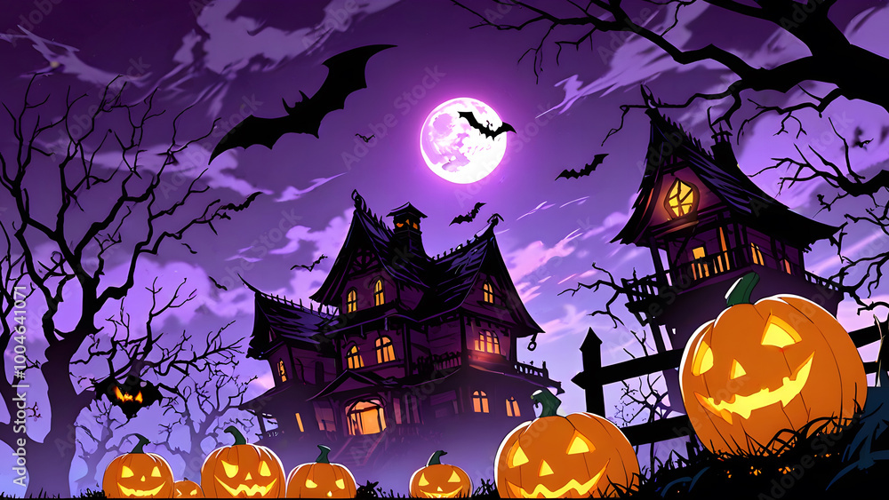 Halloween village with scarry pumpkin background Created with Generative AI technology Halloween village with scarry pumpkin background Created with Generative AI technology