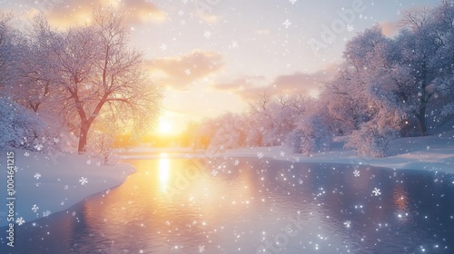 A picturesque winter sunset over a frozen river, with snow-covered trees and a warm glow in the sky.