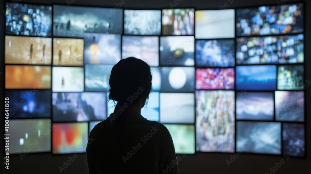 A person watching a video wall with multimedia images A person watching a video wall with multimedia images
