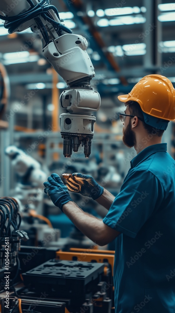 Technician working with robotic arm in a modern industrial facility during daytime hours Technician working with robotic arm in a modern industrial facility during daytime hours
