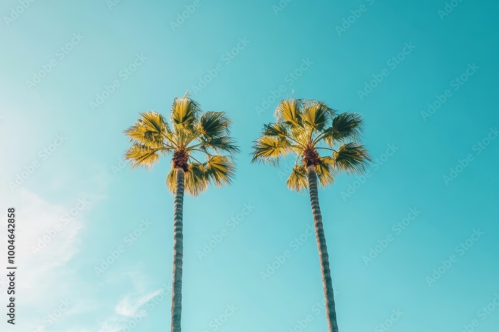 Obraz premium Two palm trees stand tall against a clear blue sky, basking in the sunlight on a warm day in a tropical setting