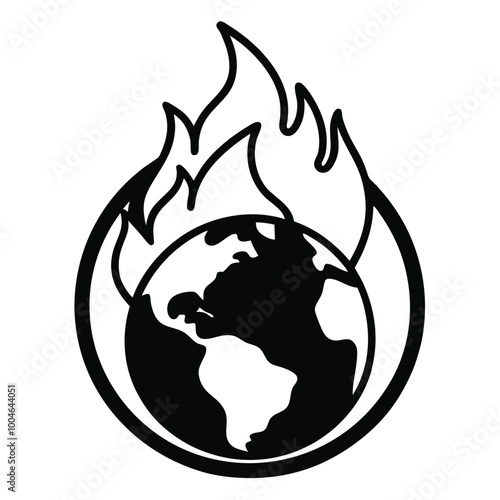 Solid black outline global warming fire vector illustration isolated on white background