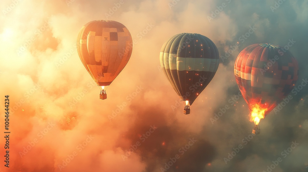 Fototapeta premium Colorful hot air balloons soar high into the sky, their flames flickering against a hazy, blue background.