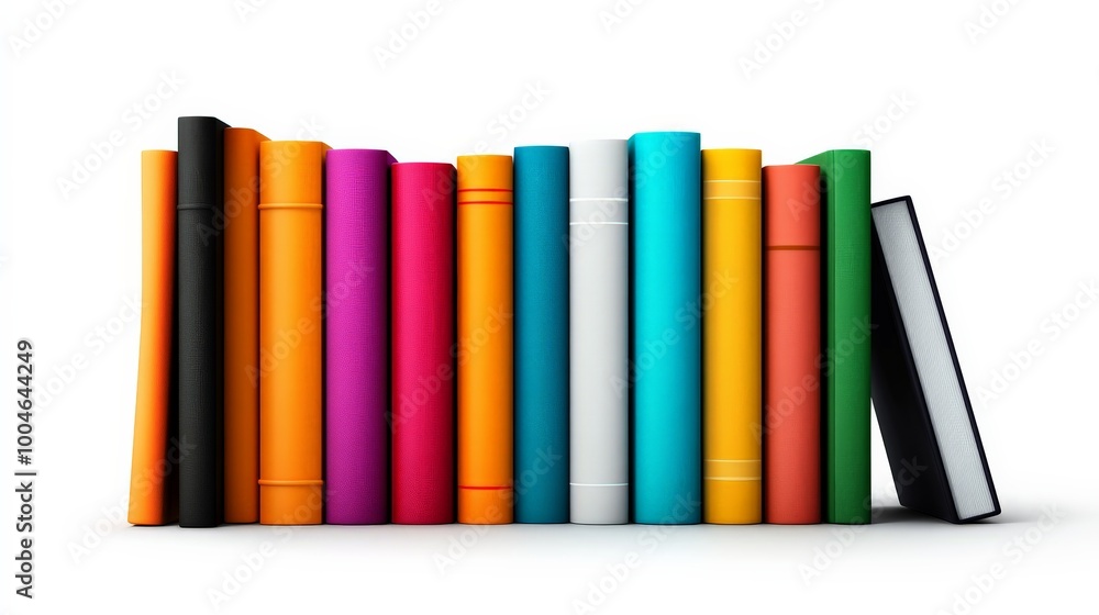 Fototapeta premium A Spectrum of Knowledge: A vibrant collection of colorful books, each with its own unique cover, stands tall on a white background, symbolizing a wealth of information and diverse perspectives.