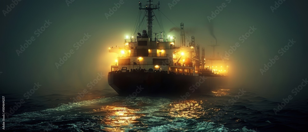 Oil Tanker Navigating at Night in Misty Waters Oil Tanker Navigating at Night in Misty Waters