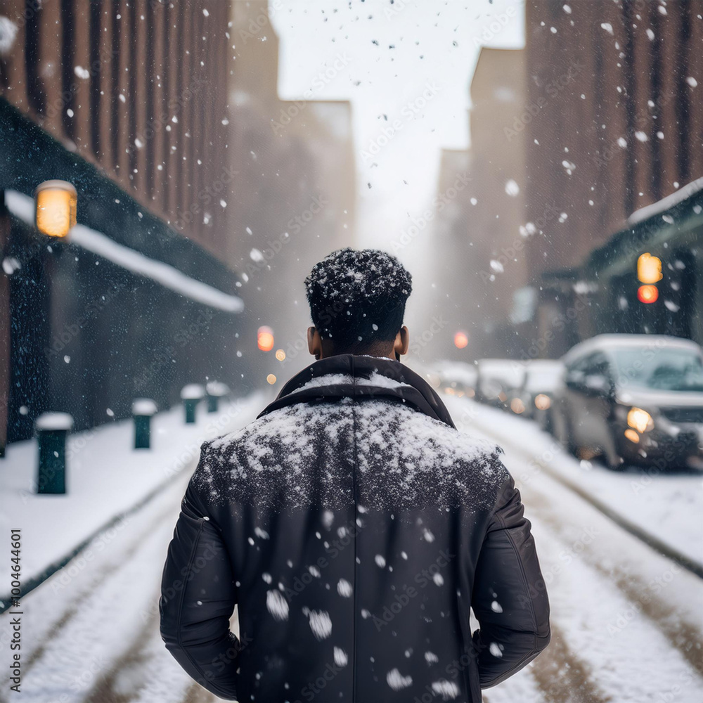 Hombre caminando por la calle de una ciudad mientras está nevando Hombre caminando por la calle de una ciudad mientras está nevando