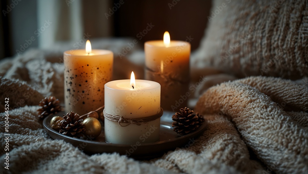 Cozy decorations with soft textures and festive candles. Cozy decorations with soft textures and festive candles.