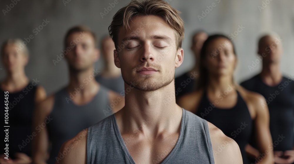 breath exercise and group mediatation in yoga studio, mindfulness, men and women meditating and breathing with closed eyes breath exercise and group mediatation in yoga studio, mindfulness, men and women meditating and breathing with closed eyes