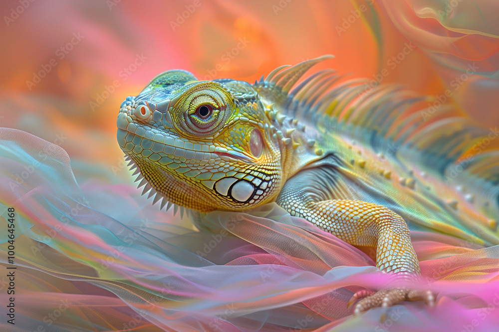 Fototapeta premium A colorful iguana resting on a soft, flowing fabric background with pastel hues of pink, orange, and blue. 