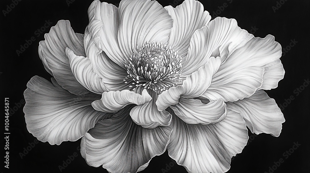 A black and white drawing of a flower with a lot of detail A black and white drawing of a flower with a lot of detail