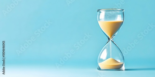 an hourglass filled with sand flowing steadily. isolated on blue background with copy space. tracking time concept, generative ai