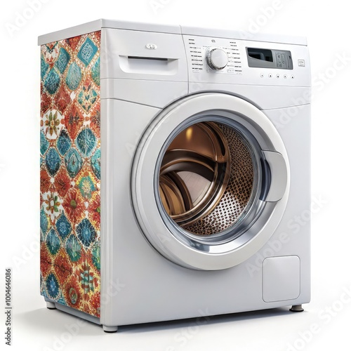 Standard washing machine in a vibrant patterned design for household laundry. Generative AI photo