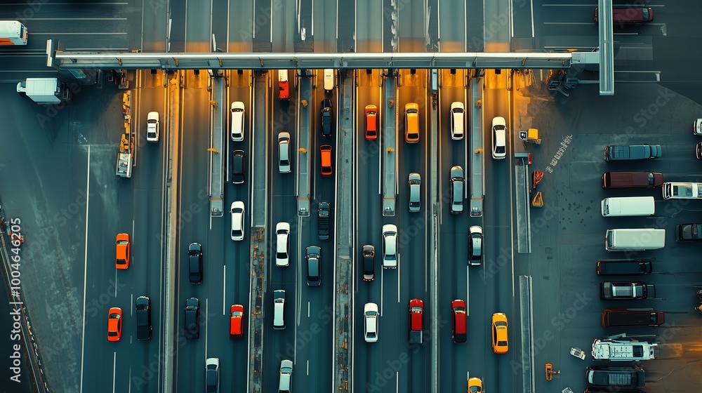 Aerial view of busy highway toll plaza with vehicles lined up during evening rush hour in an urban setting Aerial view of busy highway toll plaza with vehicles lined up during evening rush hour in an urban setting