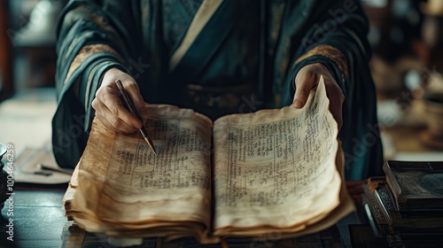 Close up of a Three Kingdoms strategist holding ancient scrolls