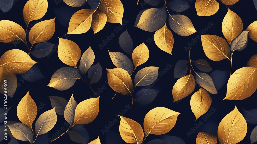Golden leaves on a dark blue background in a seamless pattern. Golden leaves on a dark blue background in a seamless pattern.
